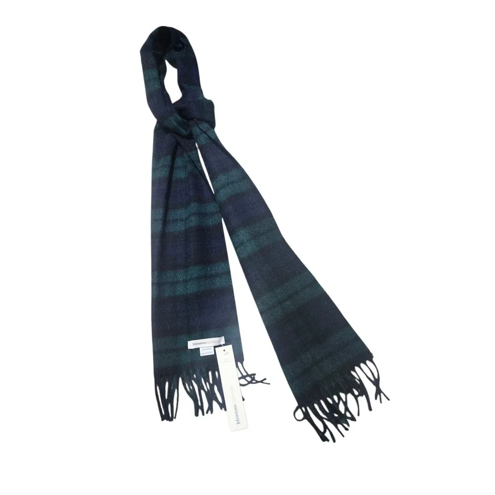 Johnstons of Elgin 100% Cashmere Scarf Black Watch Plaid Navy‎ Scotland Flaws